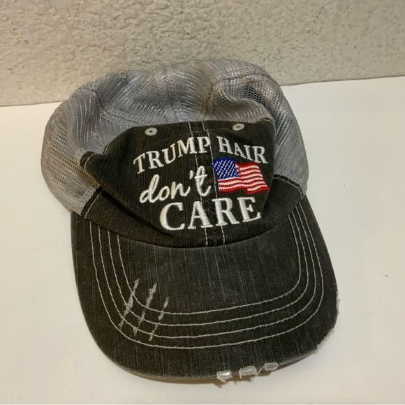 Trump Hair Don't Care Embroidered Distressed Patriotic curved bill Trucker Hat - Picture 2 of 5